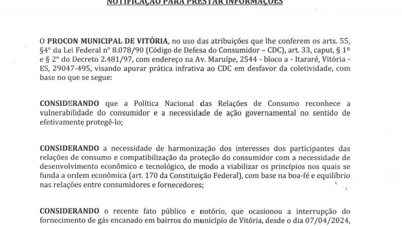 Procon de Vitória notifica empresa após interrupção do serviço de gás