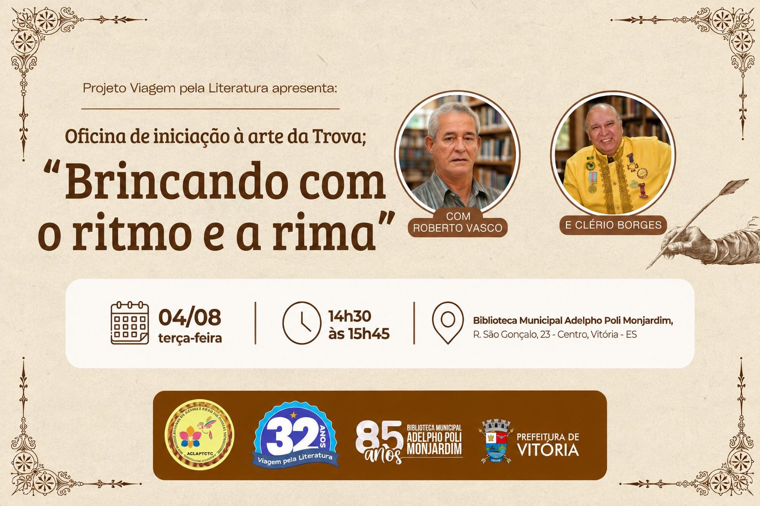 Biblioteca de Vitória promove oficina gratuita para ensinar a arte da trova e incentivar novos escritores
