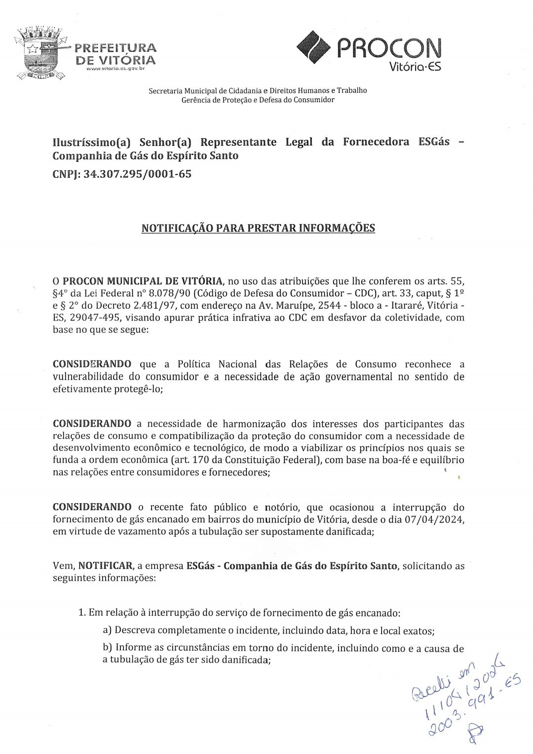 Procon de Vitória notifica empresa após interrupção do serviço de gás